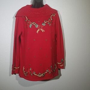 Vintage Red embroidered Beaded Christmas‎ Sweater S